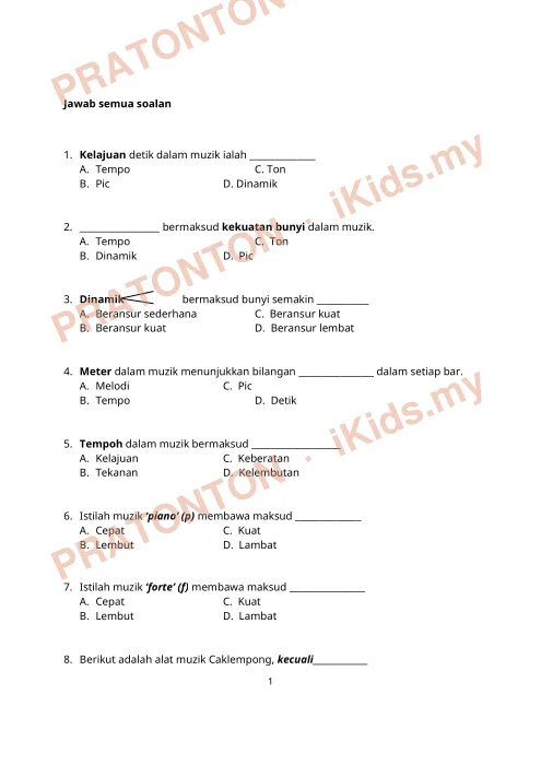 Pratonton muka 1 lembaran Ujian Pendidikan Muzik Tahun 5 — Kelajuan Detik — Pendidikan Kesenian Tahun 5