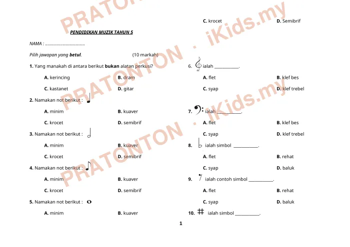 Pratonton muka 1 lembaran Ujian Pendidikan Muzik Tahun 5 — Nilai Not — Pendidikan Kesenian Tahun 5