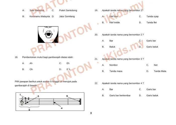 Pratonton muka 3 lembaran Ujian Pendidikan Muzik Tahun 5 — Nilai Not — Pendidikan Kesenian Tahun 5