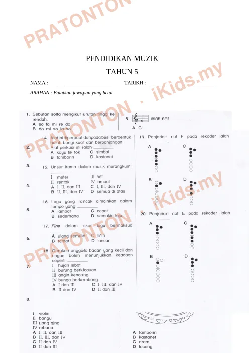 Pratonton muka 1 lembaran Ujian Pendidikan Muzik Tahun 5 — Pendidikan Kesenian Tahun 5