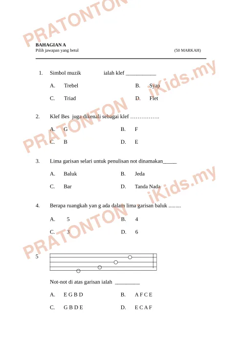 Pratonton muka 1 lembaran Ujian Pendidikan Muzik Tahun 6 — Bahagian A (50 Markah) — Pendidikan Kesenian Tahun 6