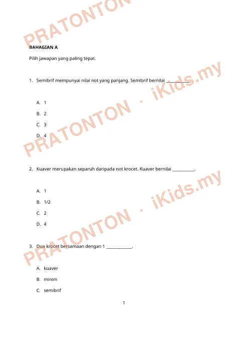 Pratonton muka 1 lembaran Ujian Pendidikan Muzik Tahun 6 — Bahagian A (Nilai Not) — Pendidikan Kesenian Tahun 6