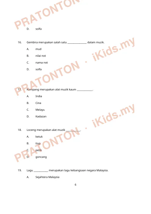 Pratonton muka 6 lembaran Ujian Pendidikan Muzik Tahun 6 — Bahagian A (Nilai Not) — Pendidikan Kesenian Tahun 6
