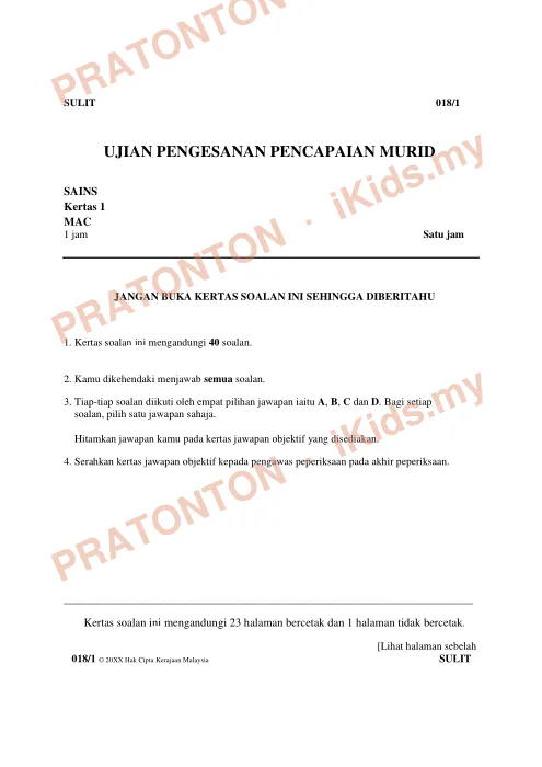 Pratonton muka 1 lembaran Ujian Pengesanan Pencapaian Murid — Sains Tahun 6 Kertas 1 (Set 5) — Sains Tahun 6
