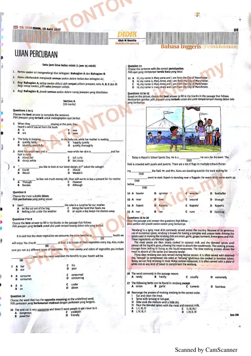 Pratonton muka 1 lembaran Ujian Percubaan Didik Julai 2017 — Bahasa Inggeris Pemahaman — Bahasa Inggeris Tahun 6