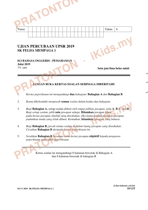 Pratonton muka 1 lembaran Ujian Percubaan UPSR 2019 — Bahasa Inggeris Pemahaman — Bahasa Inggeris Tahun 6