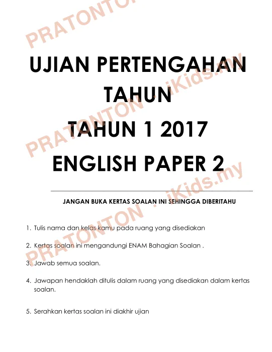 Pratonton muka 1 lembaran UJIAN PERTENGAHAN — Bahasa Inggeris Tahun 3