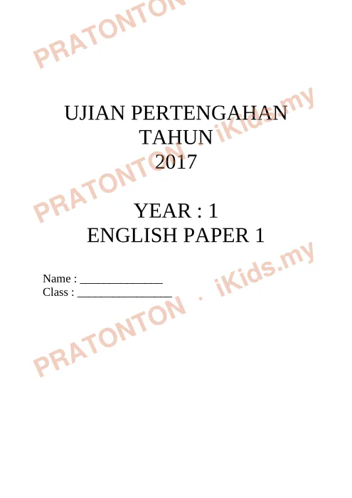 Pratonton muka 1 lembaran UJIAN PERTENGAHAN — Bahasa Inggeris Tahun 1