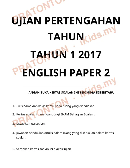 Pratonton muka 1 lembaran UJIAN PERTENGAHAN — Bahasa Inggeris Tahun 1