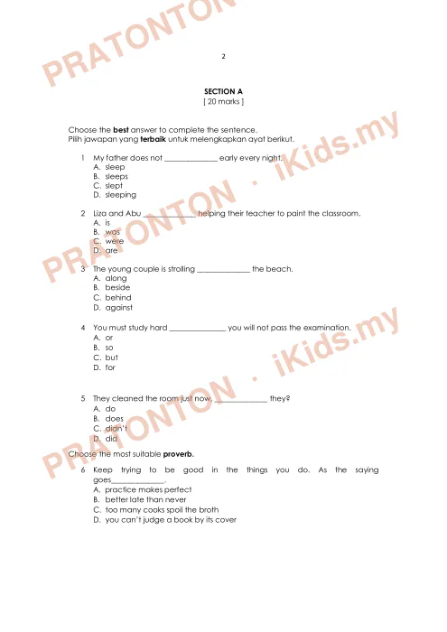 Pratonton muka 1 lembaran Ujian Pertengahan Penggal 2 — Bahasa Inggeris Tahun 5 Pemahaman — Bahasa Inggeris Tahun 5