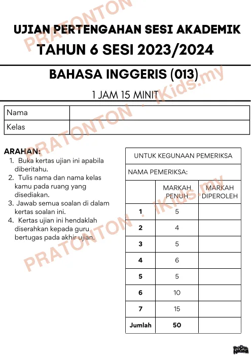 Pratonton muka 1 lembaran Ujian Pertengahan Sesi Akademik 2023/2024 — Bahasa Inggeris Tahun 6 — Bahasa Inggeris Tahun 6