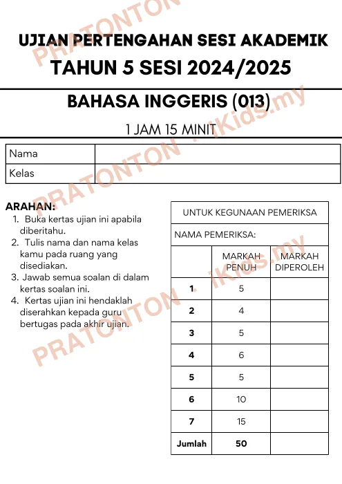 Pratonton muka 1 lembaran Ujian Pertengahan Sesi Akademik 2024/2025 — Bahasa Inggeris Tahun 5 — Bahasa Inggeris Tahun 5