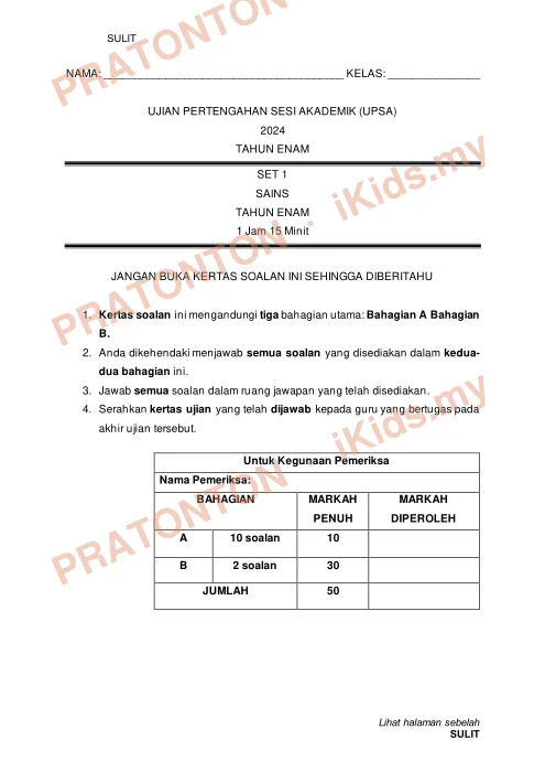 Pratonton muka 1 lembaran Ujian Pertengahan Sesi Akademik 2024 — Sains Tahun 6 — Sains Tahun 6