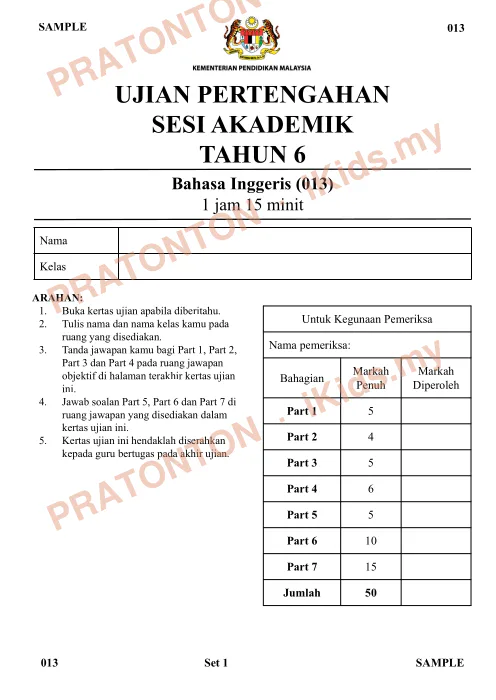 Pratonton muka 1 lembaran Ujian Pertengahan Sesi Akademik — Bahasa Inggeris Tahun 6 (Kertas Contoh) — Bahasa Inggeris Tahun 6