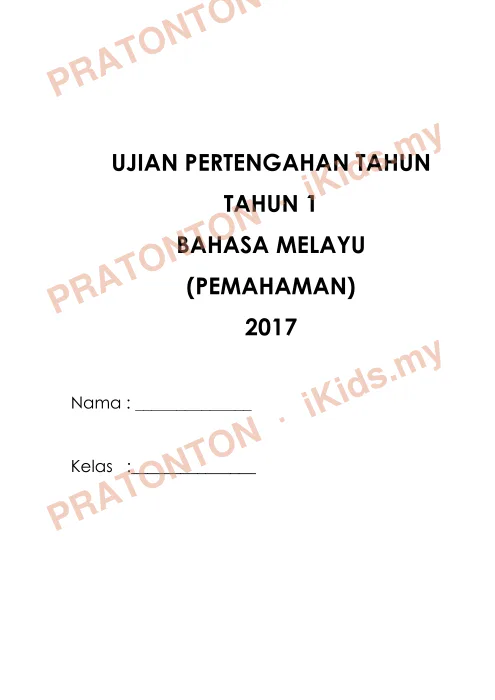 Pratonton muka 1 lembaran UJIAN PERTENGAHAN TAHUN — Bahasa Melayu Tahun 1