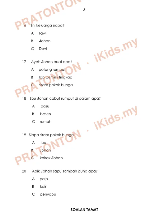Pratonton muka 8 lembaran UJIAN PERTENGAHAN TAHUN — Bahasa Melayu Tahun 1