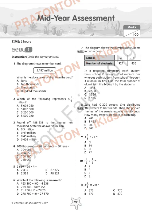 Pratonton muka 1 lembaran Ujian Pertengahan Tahun Matematik Tahun 6 (Bahasa Inggeris) — Matematik Tahun 6