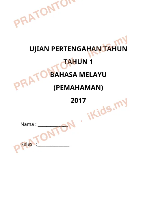 Pratonton muka 1 lembaran UJIAN PERTENGAHAN TAHUN — Bahasa Melayu Tahun 1