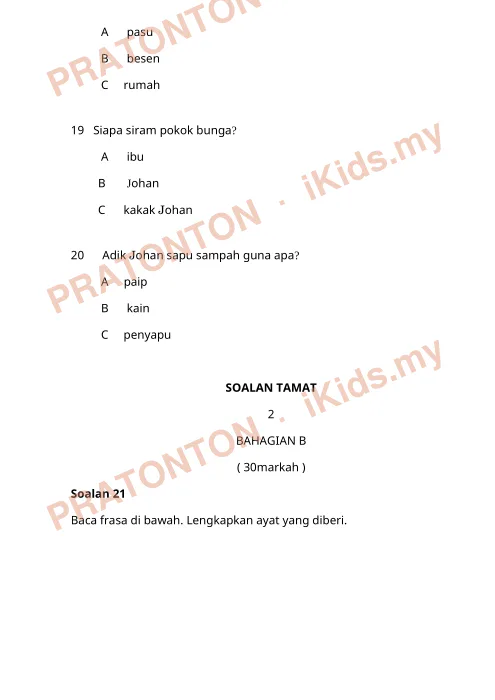 Pratonton muka 9 lembaran UJIAN PERTENGAHAN TAHUN — Bahasa Melayu Tahun 1