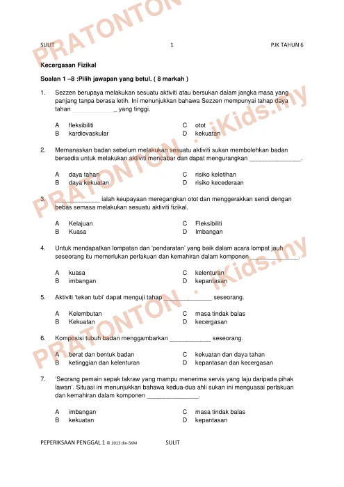 Pratonton muka 1 lembaran Ujian PJK Tahun 6 — Kecergasan Fizikal — Pendidikan Kesihatan Tahun 6