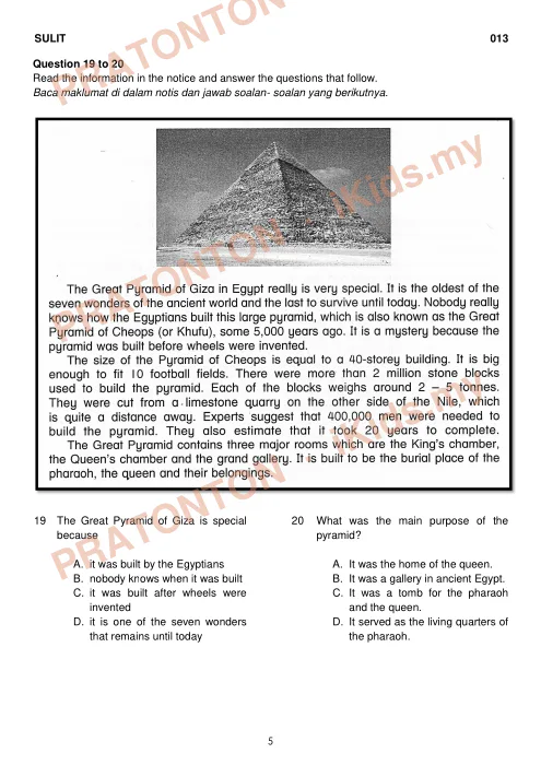 Pratonton muka 6 lembaran Ujian PPD Baram — Bahasa Inggeris Pemahaman — Bahasa Inggeris Tahun 6