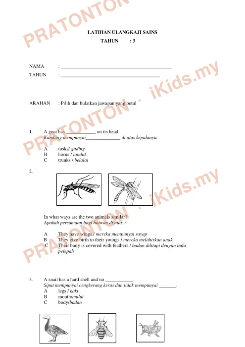 Pratonton muka 1 lembaran Ujian Sains 3 — Sains Tahun 3
