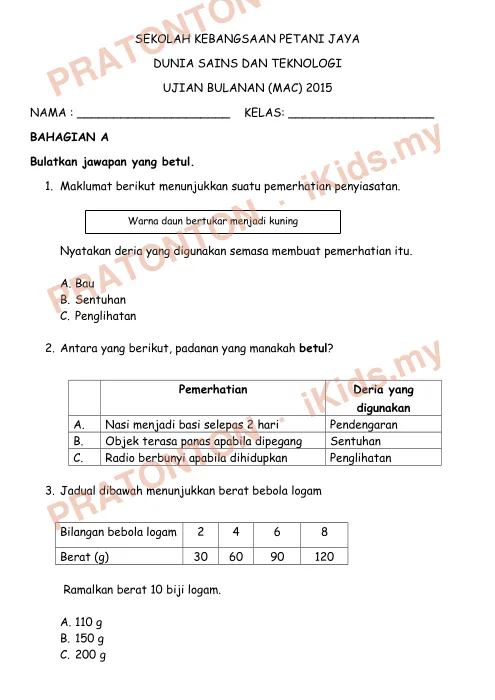 Pratonton muka 1 lembaran Ujian Sains 1 — Sains Tahun 3