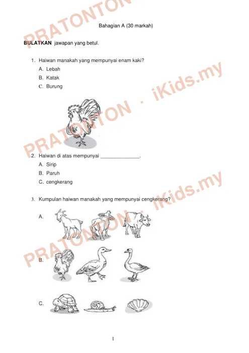 Pratonton muka 1 lembaran Ujian Sains — Sains Tahun 3