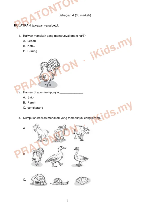 Pratonton muka 1 lembaran Ujian Sains — Sains Tahun 3