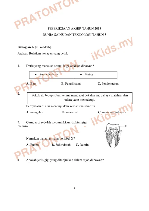Pratonton muka 1 lembaran Ujian Sains — Sains Tahun 3