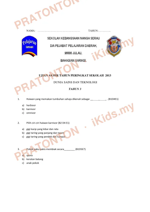Pratonton muka 1 lembaran Ujian Sains — Sains Tahun 3