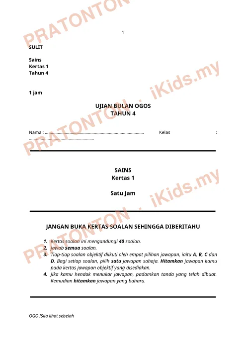 Pratonton muka 1 lembaran Ujian Sains Bulan Ogos — Sains Tahun 4