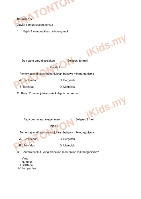 Pratonton muka 1 lembaran Ujian Sains Tahun 5 — Bahagian A Objektif — Sains Tahun 5