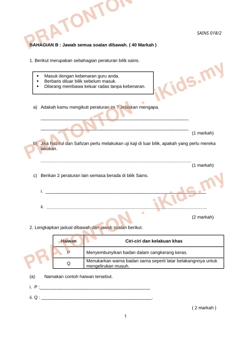 Pratonton muka 1 lembaran Ujian Sains Tahun 5 — Kertas 2 Bahagian B — Sains Tahun 5