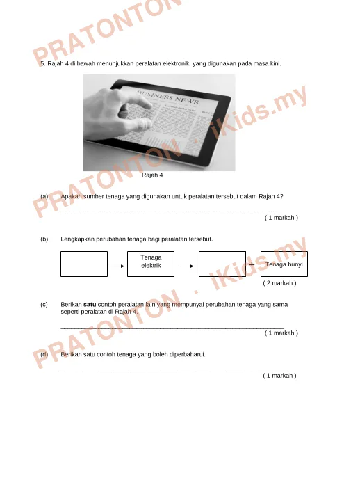 Pratonton muka 6 lembaran Ujian Sains Tahun 5 — Nama Murid (Set A) — Sains Tahun 5