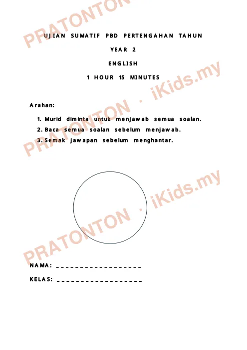 Pratonton muka 1 lembaran UJIAN SUMATIF PBD PERTENGAHAN TAHUN — Bahasa Inggeris Tahun 2