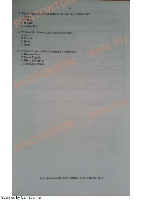 Pratonton muka 6 lembaran Ujian TOV Terengganu 2016 (BK 1) — Bahasa Inggeris Pemahaman — Bahasa Inggeris Tahun 6