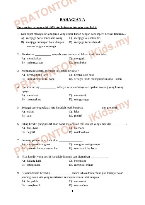 Pratonton muka 1 lembaran Ujuan Pendidikan Moral - BAHAGIAN A (2) — Pendidikan Moral Tahun 6