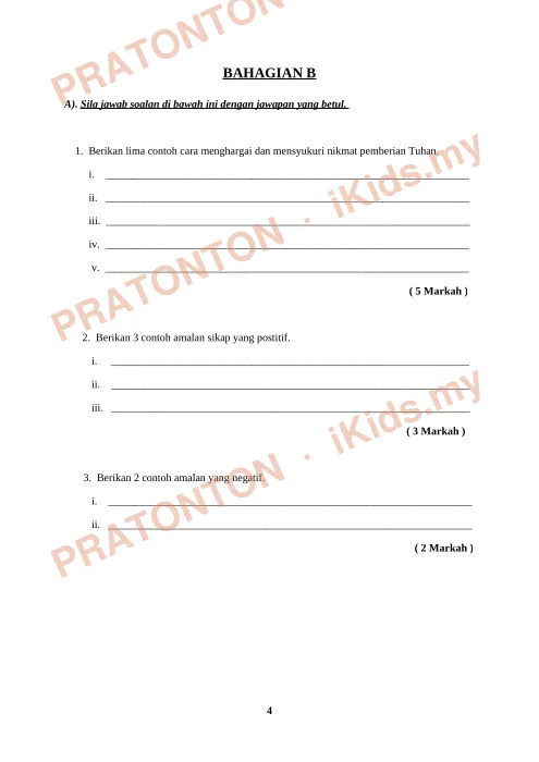 Pratonton muka 4 lembaran Ujuan Pendidikan Moral - BAHAGIAN A (2) — Pendidikan Moral Tahun 6