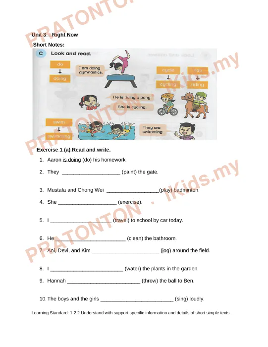 Pratonton muka 1 lembaran Unit 3 – Right Now — Bahasa Inggeris Tahun 1