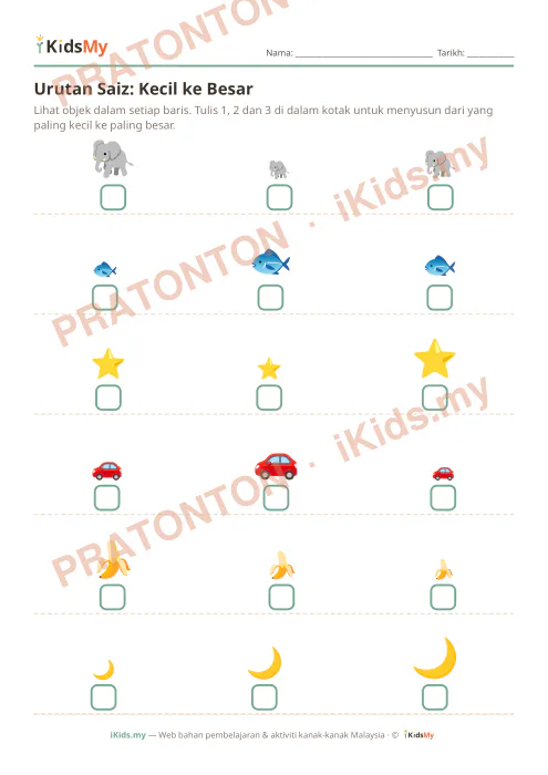 Pratonton muka 1 lembaran Urutan Saiz: Kecil ke Besar — Logik/Teka-teki Anak Istimewa