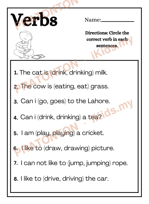 Pratonton muka 1 lembaran Verbs — Bahasa Inggeris Tahun 1