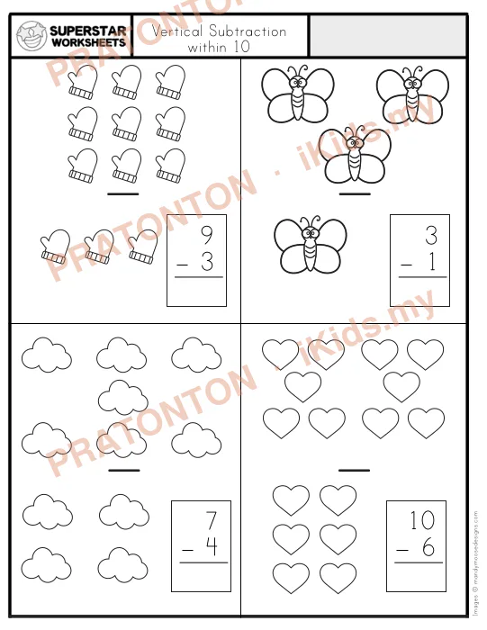 Pratonton muka 1 lembaran Vertical Subtraction — Matematik Tahun 1