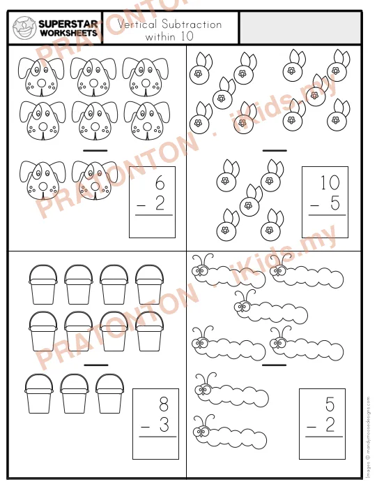 Pratonton muka 1 lembaran Vertical Subtraction — Matematik Tahun 1