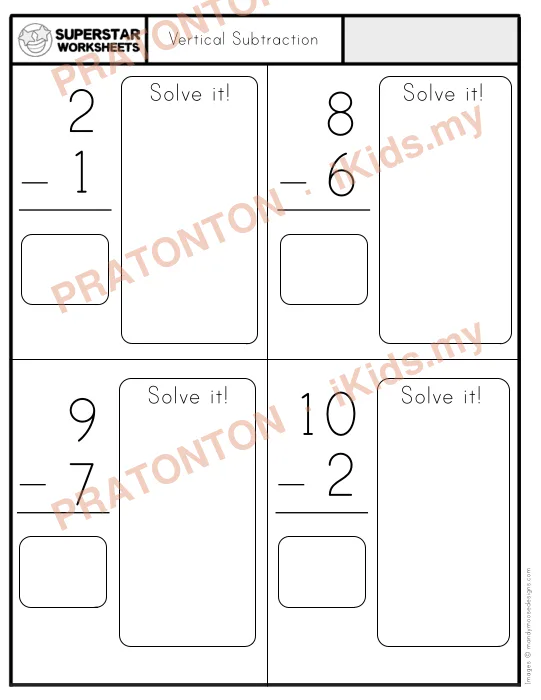 Pratonton muka 1 lembaran Vertical Subtraction — Matematik Tahun 1