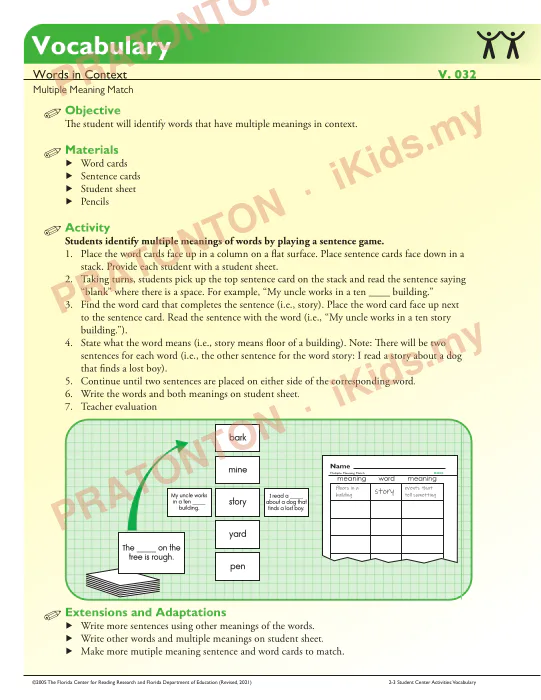 Pratonton muka 1 lembaran Vocabulary — Bahasa Inggeris Tahun 2