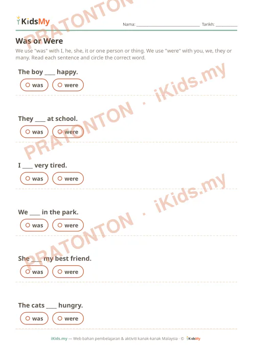Pratonton muka 1 lembaran Was or Were — Bahasa Inggeris Tahun 2