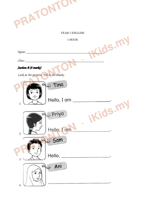 Pratonton muka 1 lembaran YEAR 1 ENGLISH — Bahasa Inggeris Tahun 1