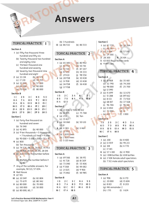 Pratonton muka 1 lembaran Jawapan Latihan Matematik — Matematik Tahun 4