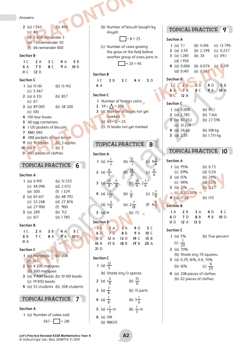 Pratonton muka 2 lembaran Jawapan Latihan Matematik — Matematik Tahun 4